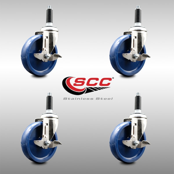 5 Inch 316SS Solid Poly Swivel 7/8 Inch Expanding Stem Caster Set Brake SCC